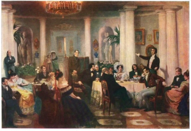 Pushkin ei suoi amici ascoltano Mickiewicz nel salone della principessa Zinaida Volkonskaya
